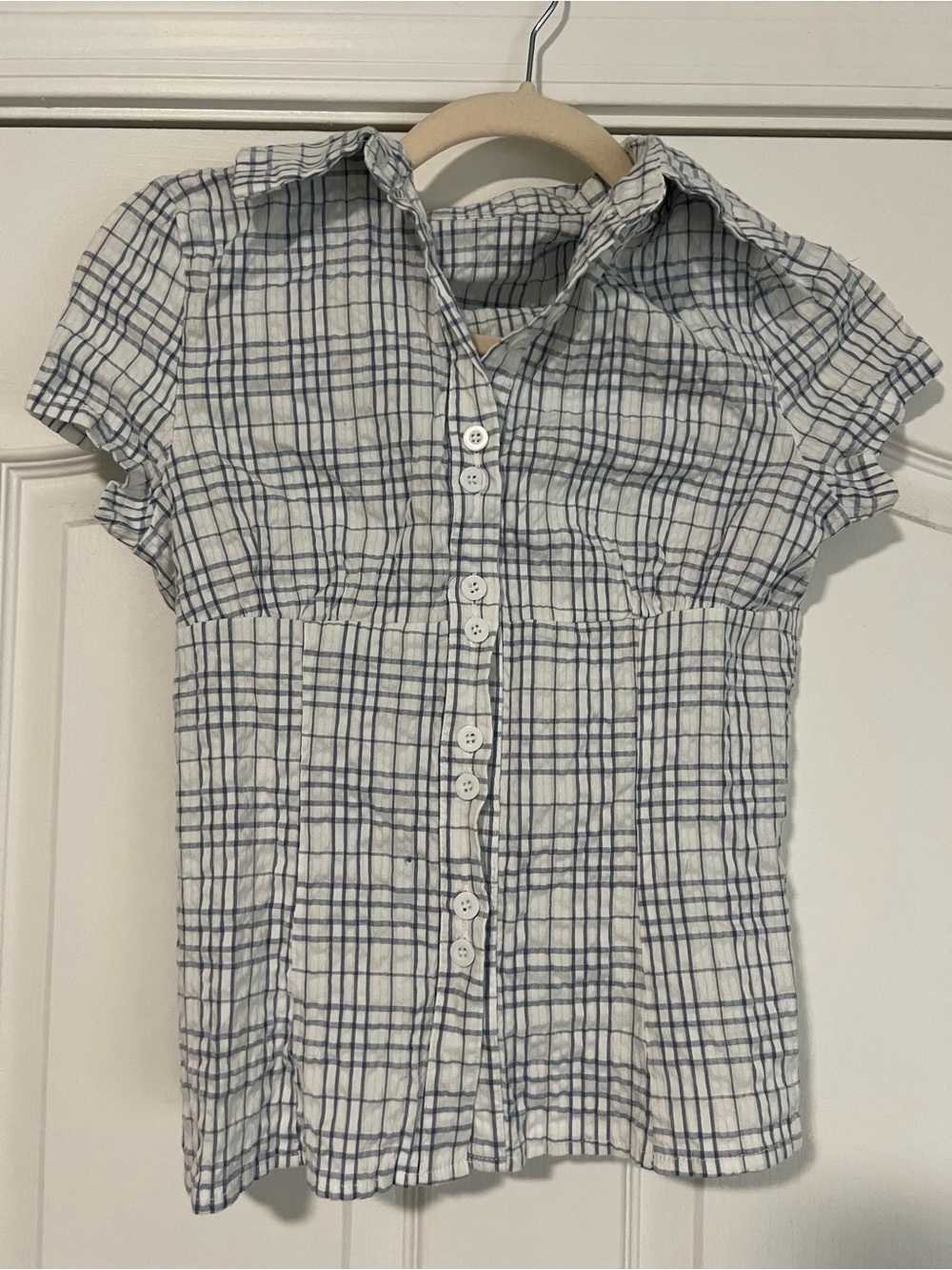 White and Navy Plaid Button-Up Short Sleeve Shirt